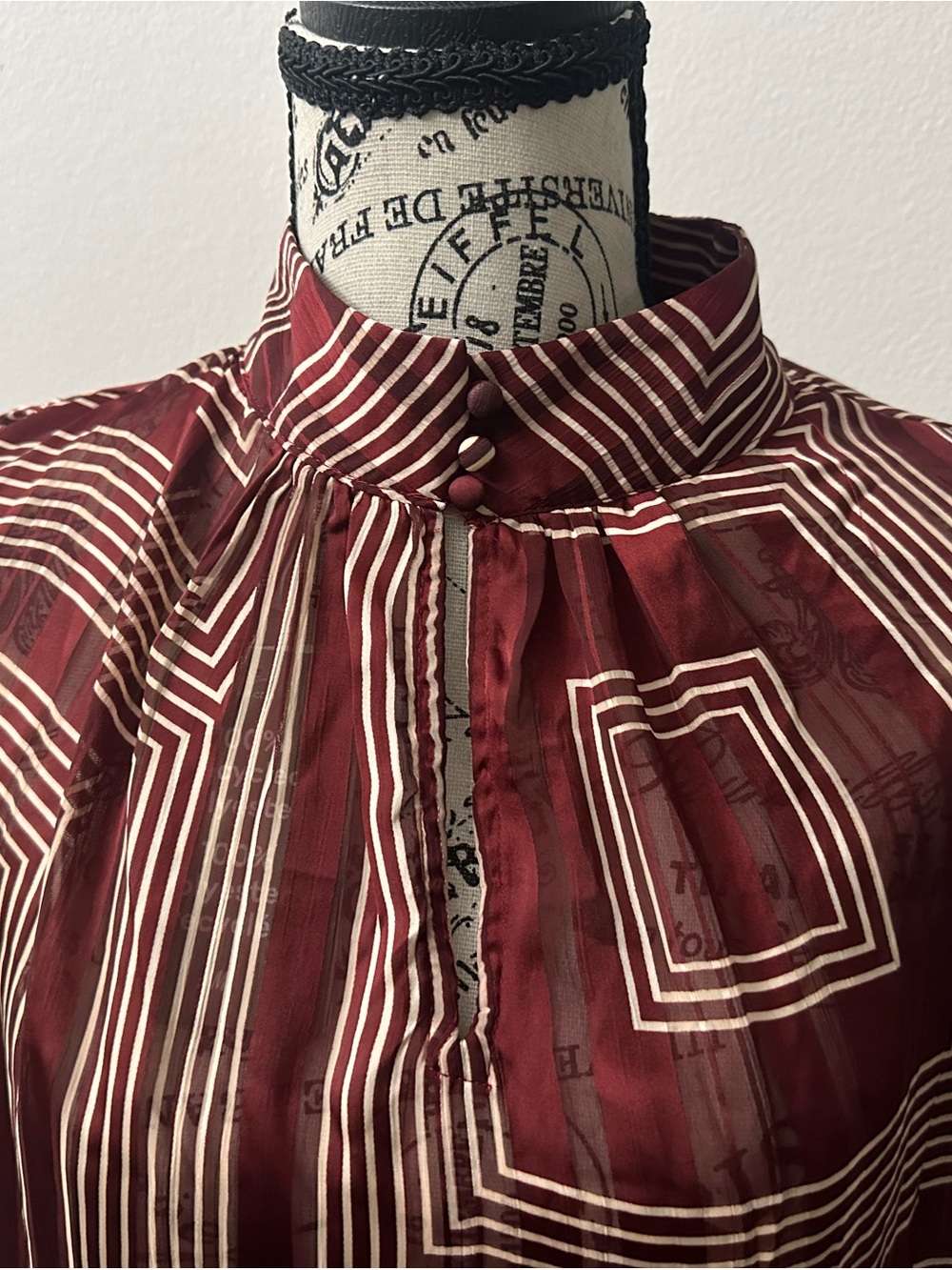 H&M Patterned Geometric Blouse Deep Red & White Sheer Top - Picture 4 of 5